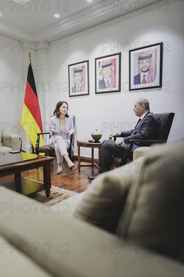 (L-R) Annalena Bärbock (Alliance 90/The Greens), Federal Foreign Minister, and Ayman Safadi, Foreign Minister of Jordan, photographed during a joint meeting in Amman, 27 January 2024. Foreign Minister Bärbock is travelling on to Jordan for political talks at short notice after her trip to East Africa / Photographed on behalf of the Federal Foreign Office