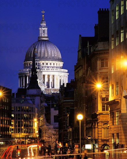 Symbol of London, St Paul's Cathedral seen at night from Fleet Street