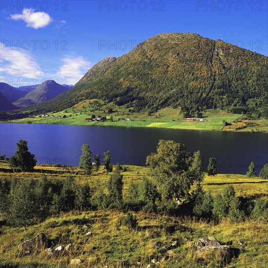Lake and hills at Anestolen in the Sogn district, Norway, Europe