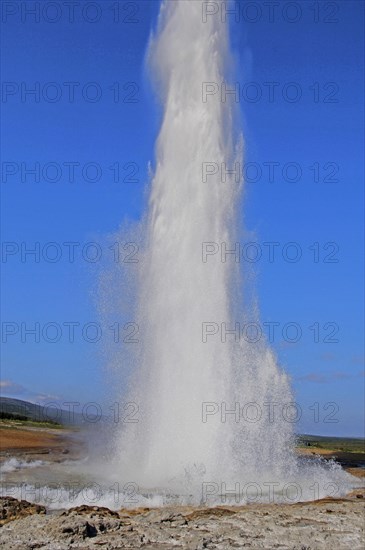 The geyser Strokkur fires steam and boiling water up to a height of around 20m, at Storr Geysir, Haukadalur, south-central Iceland