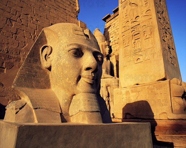 Carved head of King Rameses II in early morning sunlight with inscribed column and other carvings behind at Luxor Temple, Luxor, Egypt, Africa