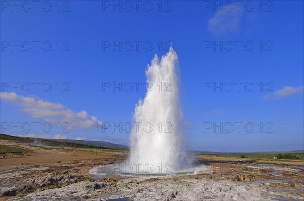 The geyser Strokkur fires steam and boiling water up to a height of around 20m, at Storr Geysir, Haukadalur, south-central Iceland