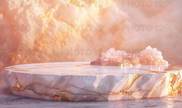 Abstract background with marble podium and rose quartz, minimal scene for product display AI generated