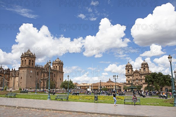 Plaza de Armas in the historic centre of Cusco, on the left the Cathedral of Cusco or Cathedral Basilica of the Assumption of the Virgin Mary, on the right the Iglesia de la Compania de Jesus or Church of the Society of Jesus, Cusco, Province of Cusco, Peru, South America