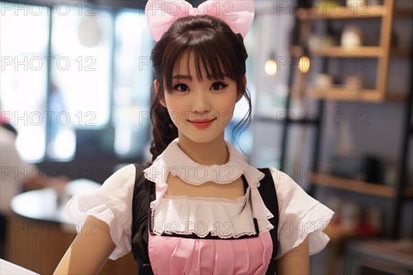 Asian woman dresse dup in cute maid costume in maid cafe in Japan. KI generiert, generiert AI generated