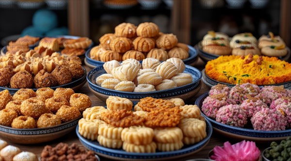 A lavish spread of Indian traditional sweets presented on decorated pottery, AI generated