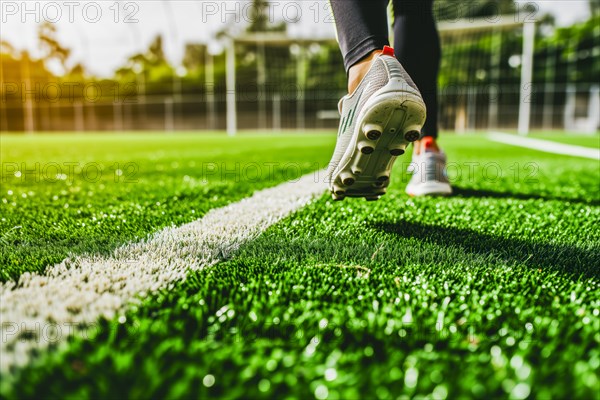 Close-up, person wearing football boots and running on a bright green pitch in sunny weather, AI generated, AI generated