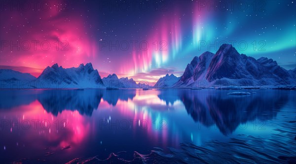 Purple and pink aurora borealis reflecting on water with towering snowy mountains under a starry sky, AI generated