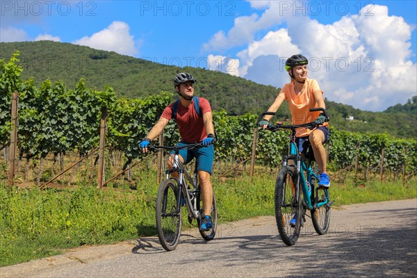 Symbolic image: Young couple on a bike tour in the vineyards, here in the Palatinate near Neustadt an der Weinstrasse