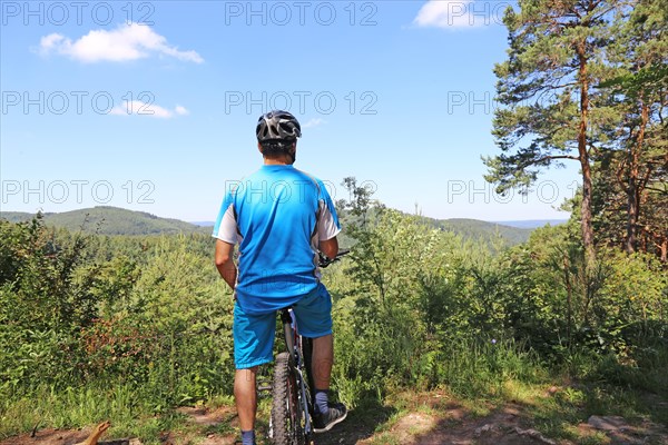 Symbolic image: Mountain biker enjoying the view of the Palatinate Forest near the Kalmit