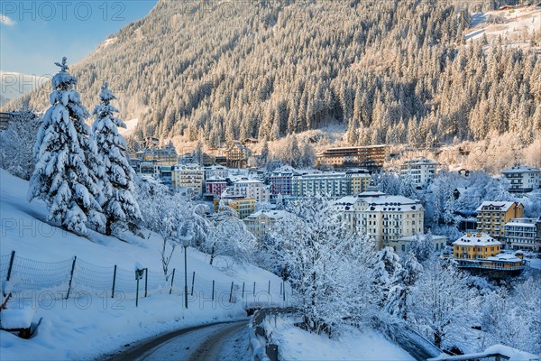 Snow-covered winter panorama of the village, Bad Gastein, Gastein Valley, Hohe Tauern National Park, Salzburg province, Austria, Europe