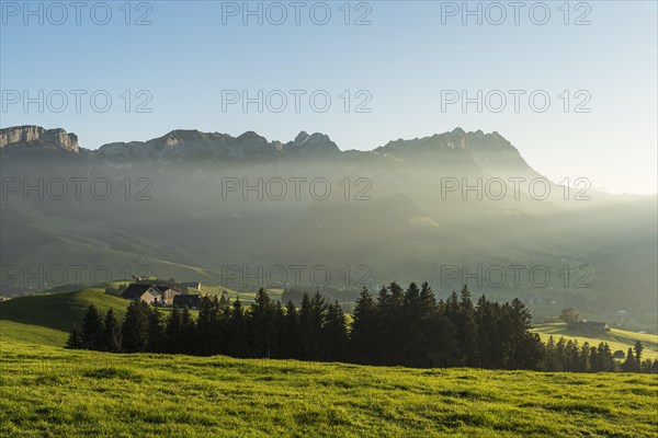 Appenzellerland, view of the Alpstein mountains with Saentis in the light of the evening sun, Canton Appenzell Innerrhoden, Switzerland, Europe