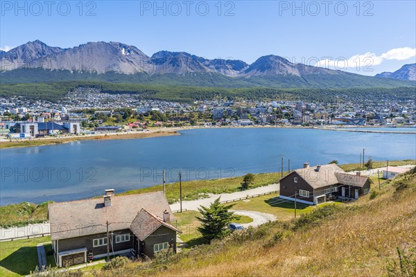 View over historic architecture, Golondrina Bay and the city of Ushuaia, Tierra del Fuego Island, Patagonia, Argentina, South America
