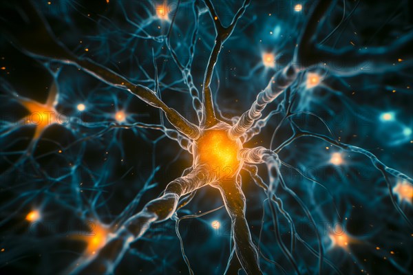 A single neuron with glowing synapses gives a feeling of activity and energy, AI generated, AI generated