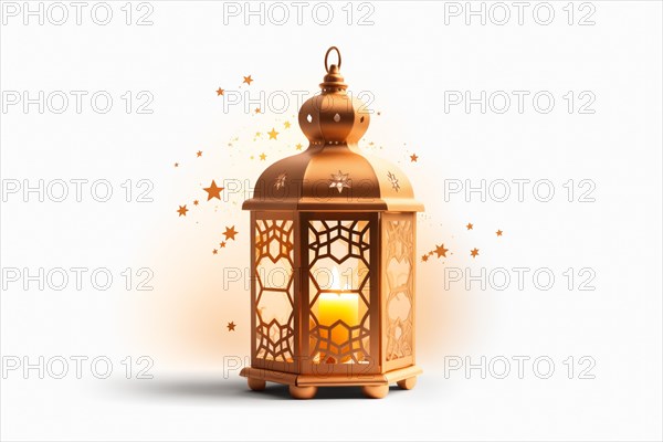 Golden Ramadan lantern on white background emits a warm glow, surrounded by sparkling stars, illustrating the holy month s magical nights, AI generated