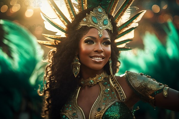 Captivating image capturing the essence of the Rio Carnival, showcasing a dancer adorned in an elaborate, vibrant costume, embodying the spirit and energy of this iconic festival, AI generated