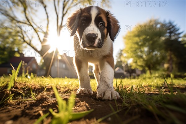 A curious cute Saint Bernard puppy with expressive eyes and floppy ears, exploring the outdoors on a sunny day, AI generated