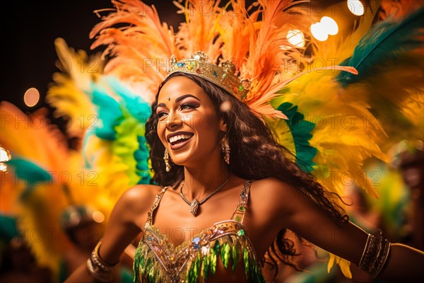 Captivating image capturing the essence of the Rio Carnival, showcasing a dancer adorned in an elaborate, vibrant costume, embodying the spirit and energy of this iconic festival, AI generated