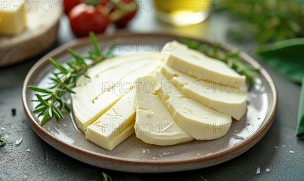 Plate with tasty feta cheese on dark background, closeup AI generated