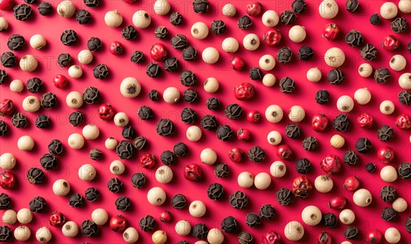 Colorful peppercorns pattern on red background. Top view AI generated