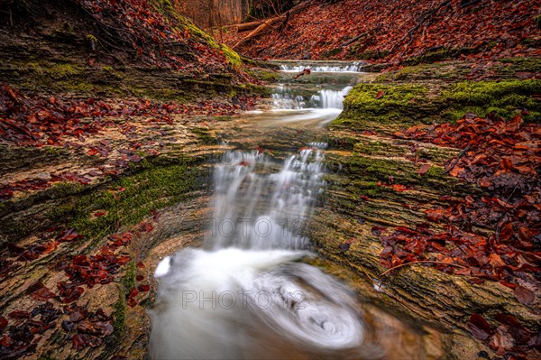 Waterfall in the Rautal forest in Jena in winter, Jena, Thuringia, Germany, Europe