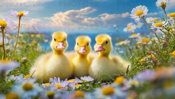 AI generated, animal, animals, bird, birds, biotope, habitat, one, individual, foraging, wildlife, goose, domestic goose, domestic geese, (Anser anser), female, gosling, gosling, yellow gosling, swim, pond, body of water, water, lie, meadow, flowers, summer, two, three, four, pet, domestic animals, farm animal, farm animals