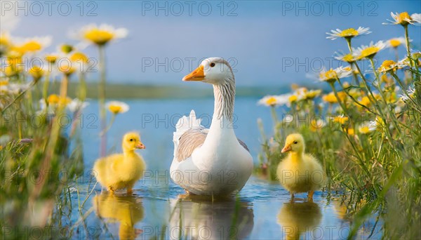 AI generated, animal, animals, bird, birds, biotope, habitat, one, individual, foraging, wildlife, goose, domestic goose, domestic geese, (Anser anser), female, gosling, gosling, yellow gosling, swim, pond, body of water, water, lie, meadow, flowers, summer, two, three, four, pet, domestic animals, farm animal, farm animals