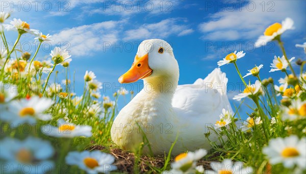 AI generated, animal, animals, bird, birds, biotope, habitat, one, individual, foraging, wildlife, goose, domestic goose, domestic geese, (Anser anser), female, gosling, gosling, yellow gosling, swim, pond, body of water, water, lie, meadow, flowers, summer, two, three, four, pet, domestic animals, farm animal, farm animals