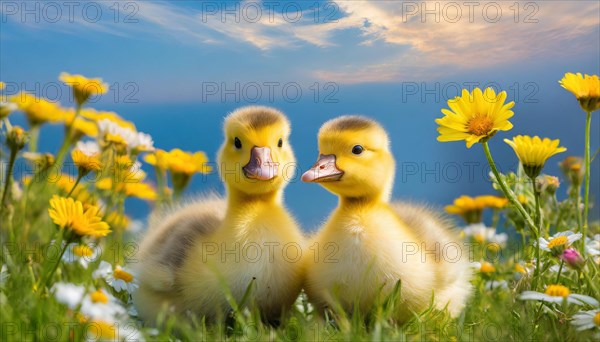 AI generated, animal, animals, bird, birds, biotope, habitat, one, individual, foraging, wildlife, goose, domestic goose, domestic geese, (Anser anser), female, gosling, gosling, yellow gosling, swim, pond, body of water, water, lie, meadow, flowers, summer, two, three, four, pet, domestic animals, farm animal, farm animals