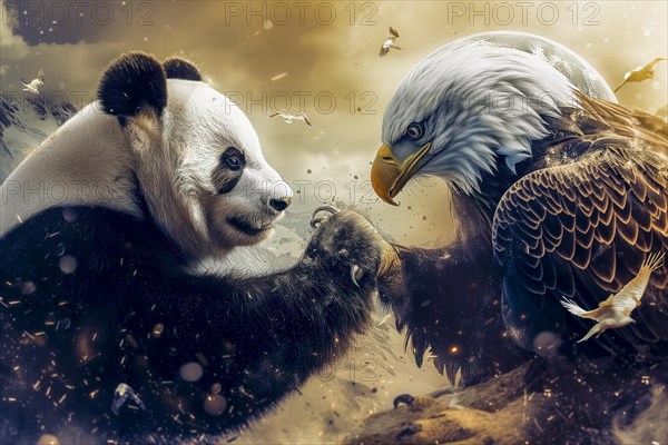 A panda and a bald eagle face each other in battle, surrounded by dust particles and beams of light, symbolising the cultural, ideological and economic supremacy between China and the USA, AI generated, AI generated