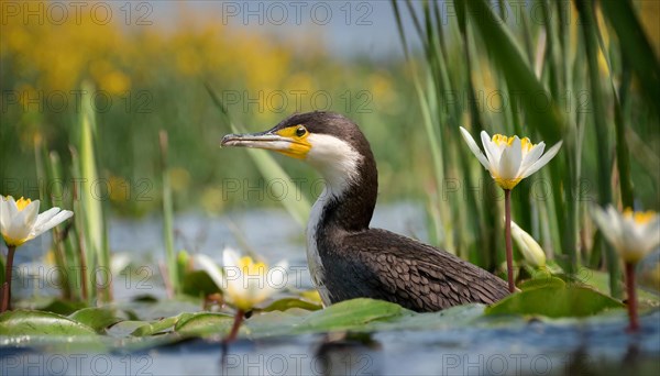 Ai generated, animal, animals, bird, birds, biotope, habitat, an, individual, swims, waters, reeds, water lilies, blue sky, foraging, wildlife, summer, seasons, great cormorant (Phalacrocorax carbo)