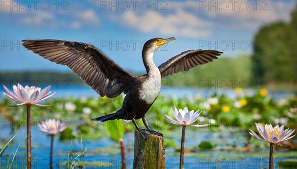 Ai generated, animal, animals, bird, birds, biotope, habitat, a, single animal, stands on pole, waters, reeds, water lilies, blue sky, foraging, wildlife, summer, seasons, great cormorant (Phalacrocorax carbo), dries its plumage, spreads its wings