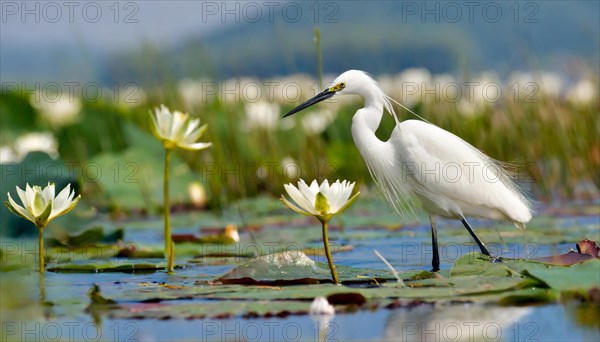 Ai generated, animal, animals, bird, birds, biotope, habitat, a, individual, swims, waters, reeds, water lilies, blue sky, foraging, wildlife, summer, seasons, little egret (Egretta garzetta)