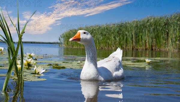 Ai generated, animal, animals, bird, birds, biotope, habitat, an, individual, swims, waters, reeds, water lilies, blue sky, foraging, wildlife, summer, seasons, domestic goose, geese, geese, geese birds, (Anser anser)