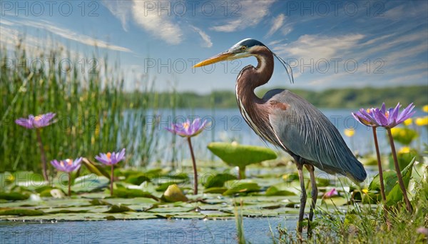 Ai generated, animal, animals, bird, birds, biotope, habitat, a, individual, swims, waters, reeds, water lilies, blue sky, foraging, wildlife, summer, seasons, purple heron (Ardea purpurea)