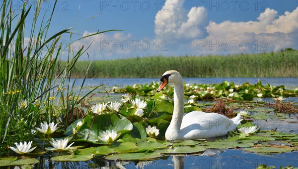 Ai generated, animal, animals, bird, birds, biotope, habitat, a, individual, swims, waters, reeds, water lilies, blue sky, foraging, wildlife, summer, seasons, mute swan (Cygnus olor), broods at the nest