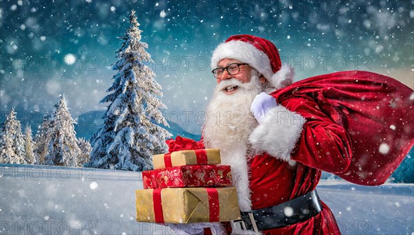 AI generated, man, 70+, Father Christmas, red coat, backpack, full beard, winter, snow, ice, fir trees, snowy, snowflakes, winter landscape, Christmas hat, costume, clothes, colourful, colourful presents, packages, nice teeth, smiles, friendly, Christmas, evening, night shot, winter forest