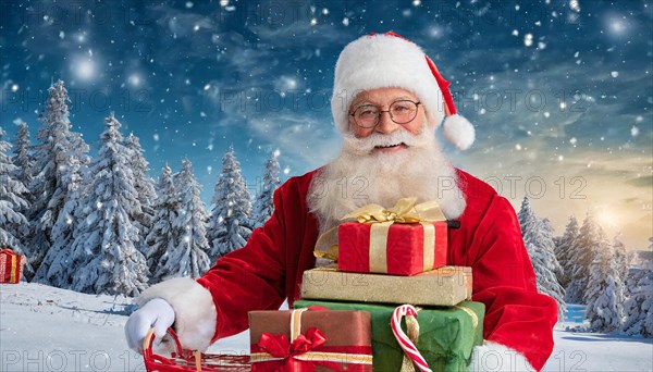 AI generated, man, 70+, Father Christmas, red coat, backpack, full beard, winter, snow, ice, fir trees, snowy, snowflakes, winter landscape, Christmas hat, costume, clothes, colourful, colourful presents, packages, nice teeth, smiles, friendly, Christmas, evening, night shot, winter forest, sleigh