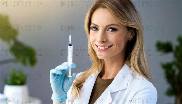 AI generated, RF, woman, woman, doctor, female doctor, 25, 30, years, attractive, attractive, doctor's office, holds a syringe in her hand, disposable syringe, flu shot, corona, pneumococcal, prevention, health, blonde, blonde, beautiful teeth, long hair