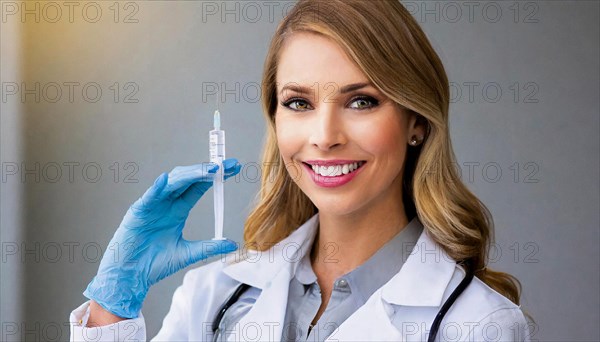 AI generated, RF, woman, woman, doctor, female doctor, 25, 30, years, attractive, attractive, doctor's office, holds a syringe in her hand, disposable syringe, flu shot, corona, pneumococcal, prevention, health, blonde, blonde, beautiful teeth, long hair