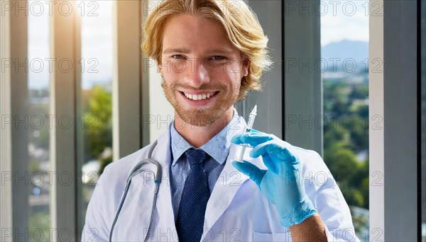 Ai generated, RF, man, men, doctor, doctors, 30, 35, years, attractive, attractive, doctor's office, holds a syringe in his hand, disposable syringe, flu shot, corona, pneumococcus, prevention, health, smiles, beautiful teeth, bearded man