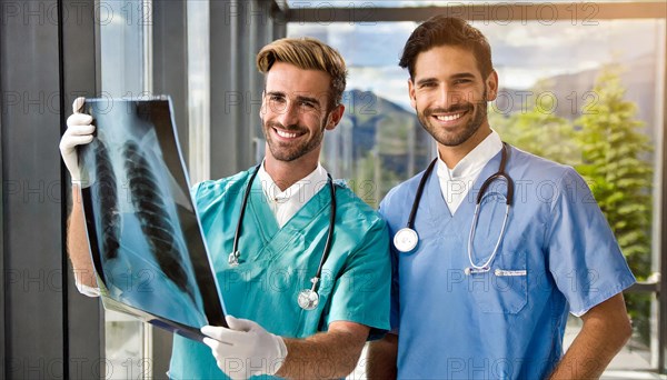 AI generated, RF, man, doctor, doctors, medical team, team, 30+, years, attractive, attractive, doctor's office, look at an x-ray, x-ray, examination, check-up, health, beard wearer, beautiful teeth, long hair, beard wearer, two people