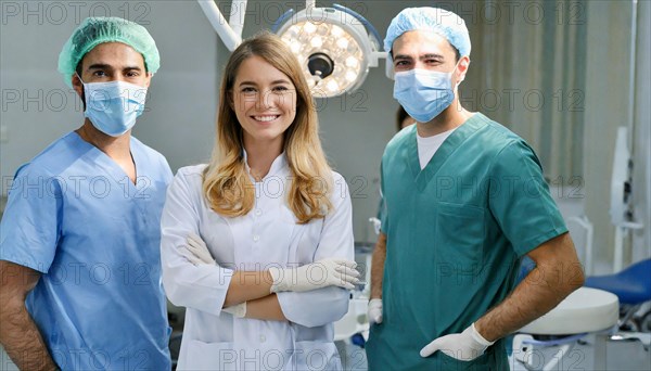 AI generated, RF, woman, woman, man, doctor, medical, medical team, team, 30, years, attractive, attractive, doctor's office, operating theatre, operating room, surgery, examination, check-up, health, blond, blonde, blonde, beautiful teeth, long hair, beard bearer, three people, two doctors, one woman, AI generated