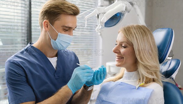 AI generated, A dentist treats a young woman, Blonde, 30, 35, years, Dental treatment, Follow-up examination, Dentist has a beard, AI generated