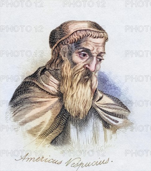 Amerigo Vespucci 1454, 1512 also known as Americus Vespucius. Italian explorer and cartographer. From the book Crabb's Historical Dictionary, published in 1825, Historical, digitally restored reproduction from a 19th century original, Record date not stated