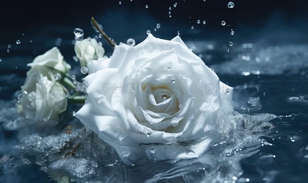 White roses afloat amidst water splashes against a dark contrasting background AI generated