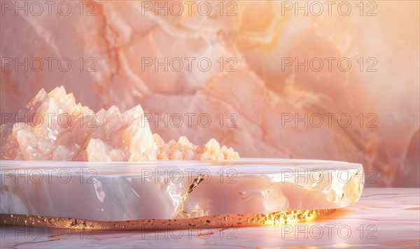 Pink marble podium with shadow of leaves and rose quartz texture background AI generated