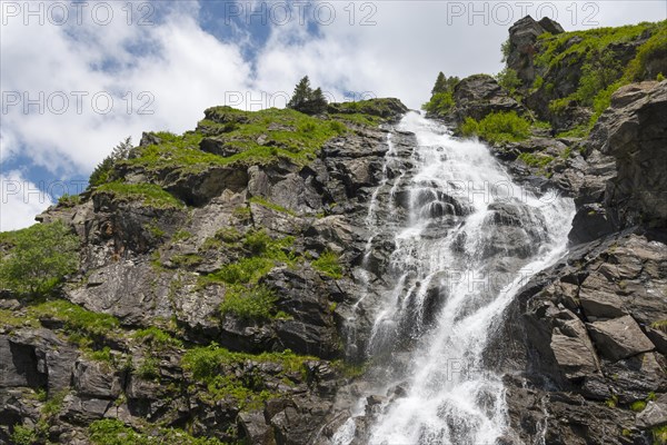 A gushing waterfall cascades over rocky slopes under the blue sky, Capra Waterfall, Goat Waterfall, Transfogarasan High Road, Transfagarasan, TransfagaraÈ™an, FagaraÈ™ Mountains, Fagaras, Transylvania, Transylvania, Transylvania, Ardeal, Transylvania, Carpathians, Romania, Europe