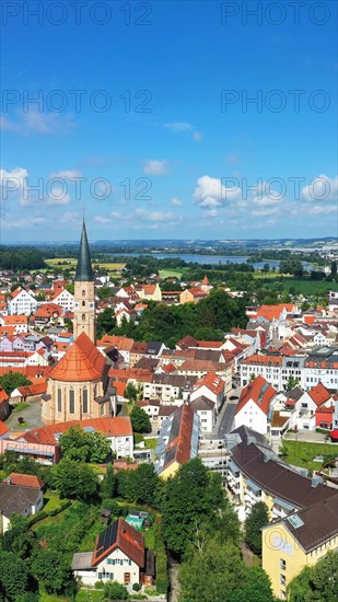 Aerial view of Dingolfing with a view of the historic town centre. Dingolfing, Lower Bavaria, Bavaria, Germany, Europe