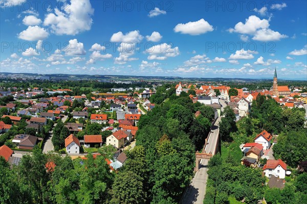 Aerial view of Dingolfing with a view of the historic town centre. Dingolfing, Lower Bavaria, Bavaria, Germany, Europe